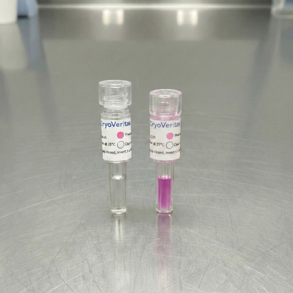 CryoVeritas indicator: Safe (pink) vs. Failed (clear) side by side