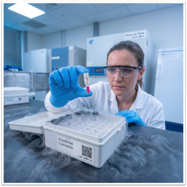A researcher places a triggered pink Pinktail indicator into a CryoVeritas cryobox beside an ultra-low freezer